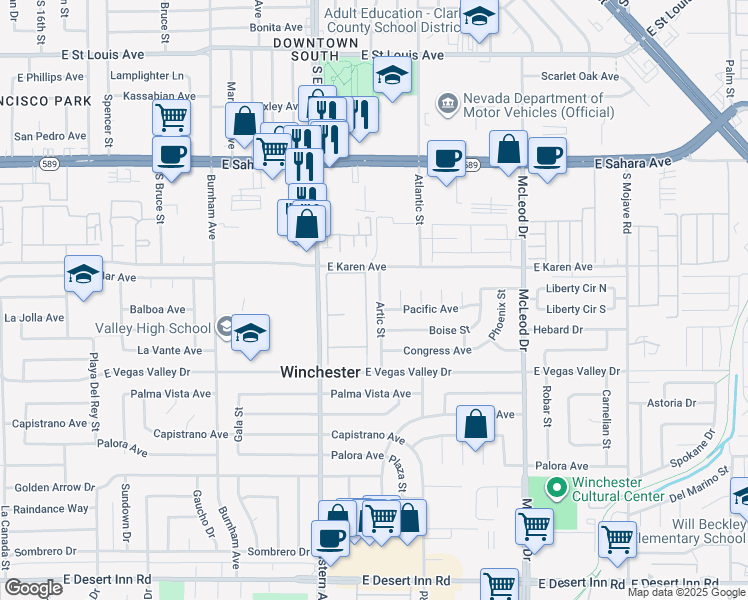 map of restaurants, bars, coffee shops, grocery stores, and more near 2749 Artic Street in Las Vegas
