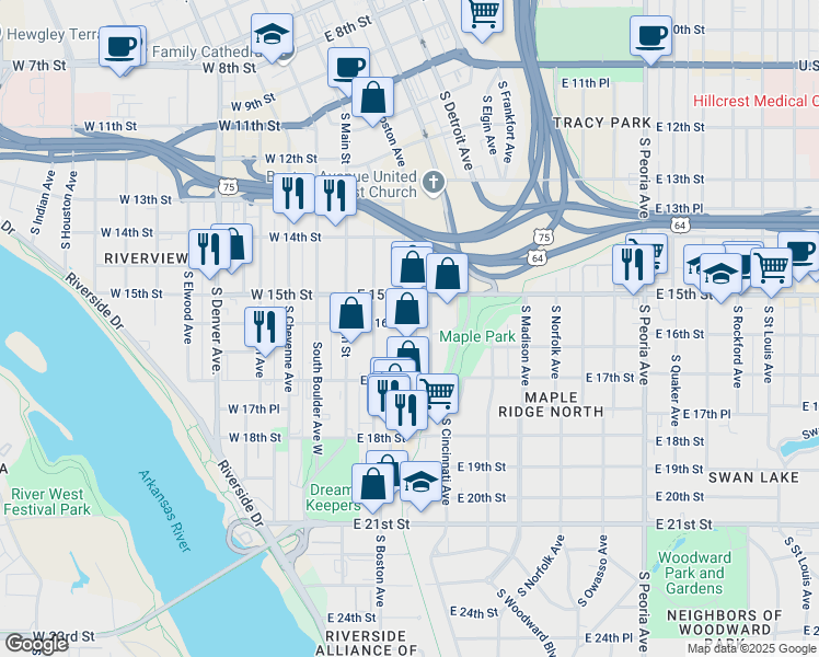 map of restaurants, bars, coffee shops, grocery stores, and more near 1601 South Boston Avenue in Tulsa