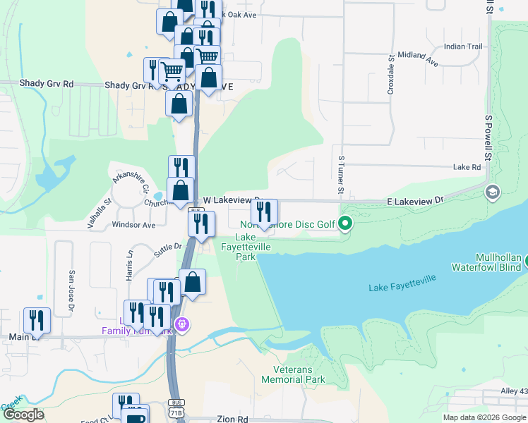 map of restaurants, bars, coffee shops, grocery stores, and more near 412 Oak Manor Circle in Springdale