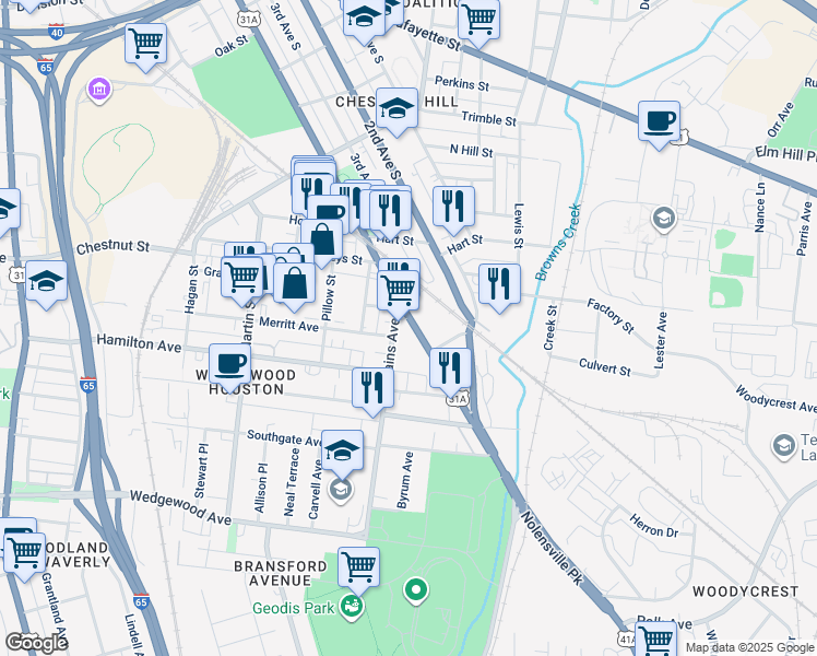 map of restaurants, bars, coffee shops, grocery stores, and more near 1411 4th Avenue South in Nashville