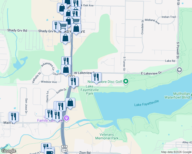 map of restaurants, bars, coffee shops, grocery stores, and more near 412 Oak Manor Circle in Springdale