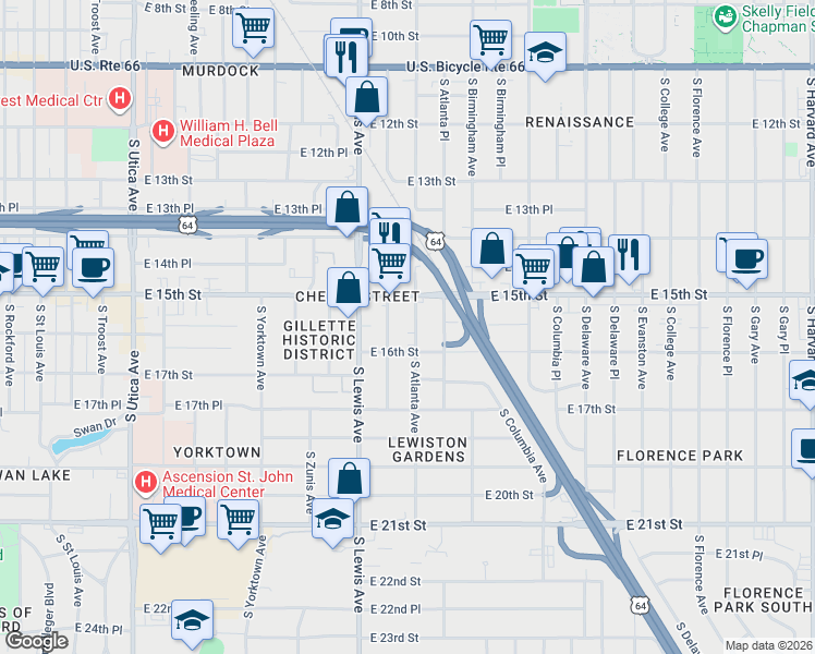 map of restaurants, bars, coffee shops, grocery stores, and more near 1528 S Atlanta Ave in Tulsa