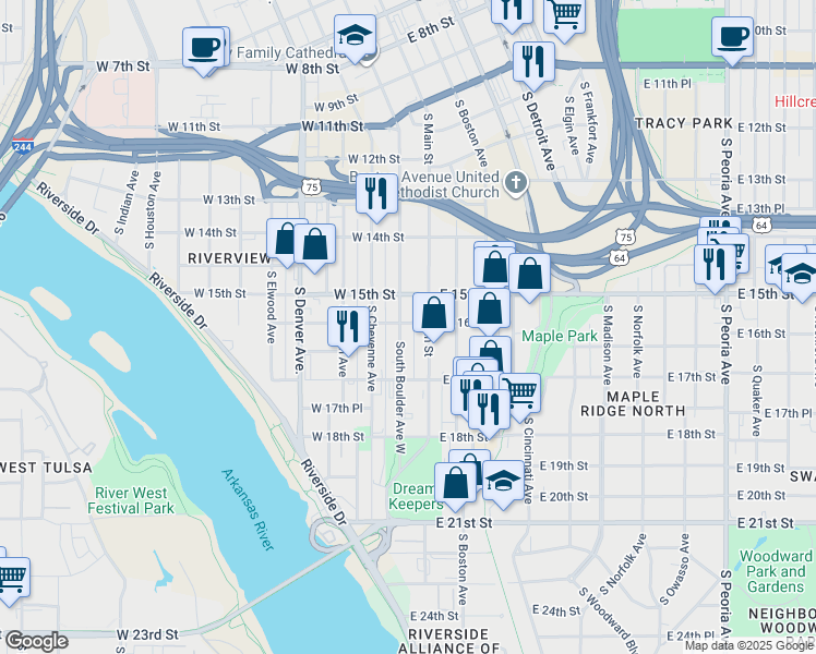 map of restaurants, bars, coffee shops, grocery stores, and more near 1603 South Boulder Avenue in Tulsa