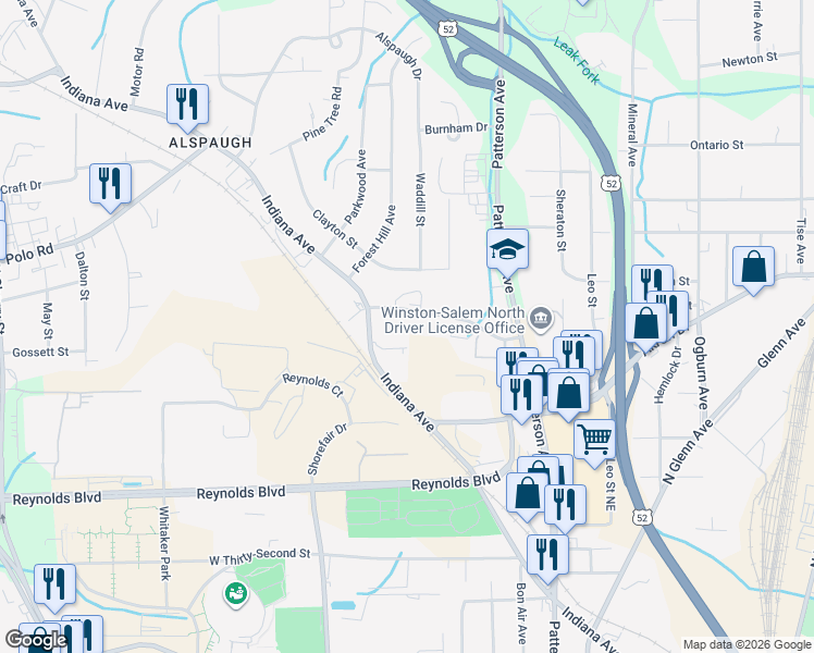 map of restaurants, bars, coffee shops, grocery stores, and more near 320 Perimeter Point Boulevard in Winston-Salem