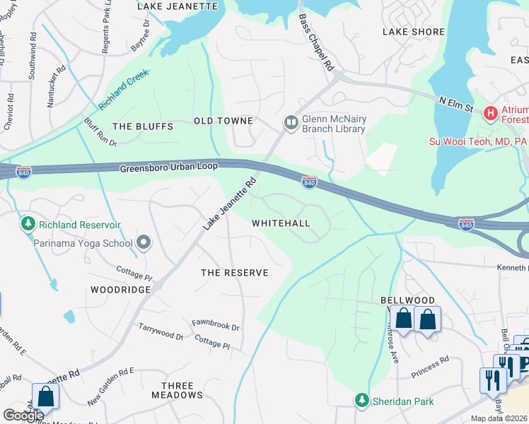 map of restaurants, bars, coffee shops, grocery stores, and more near 4805 Tenby Drive in Greensboro