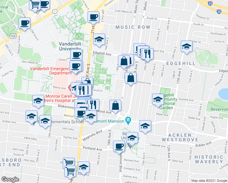 map of restaurants, bars, coffee shops, grocery stores, and more near 1500 18th Avenue South in Nashville