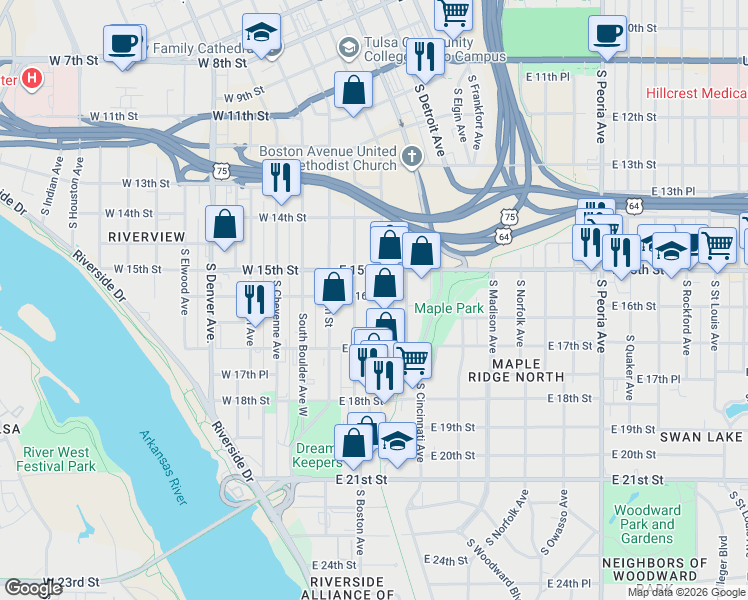 map of restaurants, bars, coffee shops, grocery stores, and more near 1601 South Boston Avenue in Tulsa