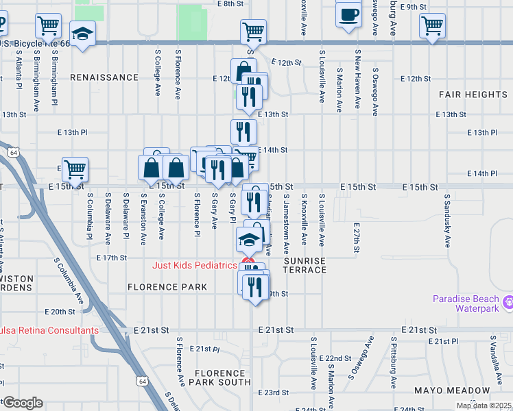 map of restaurants, bars, coffee shops, grocery stores, and more near 1527 South Harvard Avenue in Tulsa