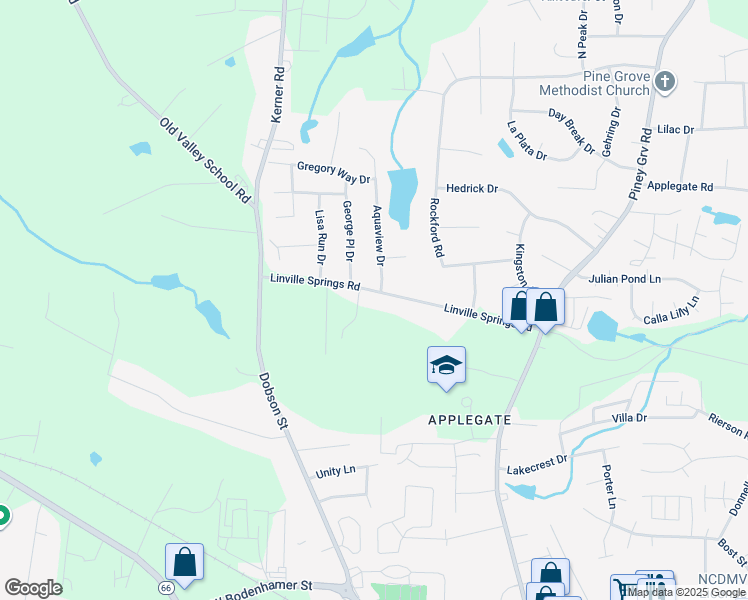 map of restaurants, bars, coffee shops, grocery stores, and more near 303 Linville Springs Road in Kernersville