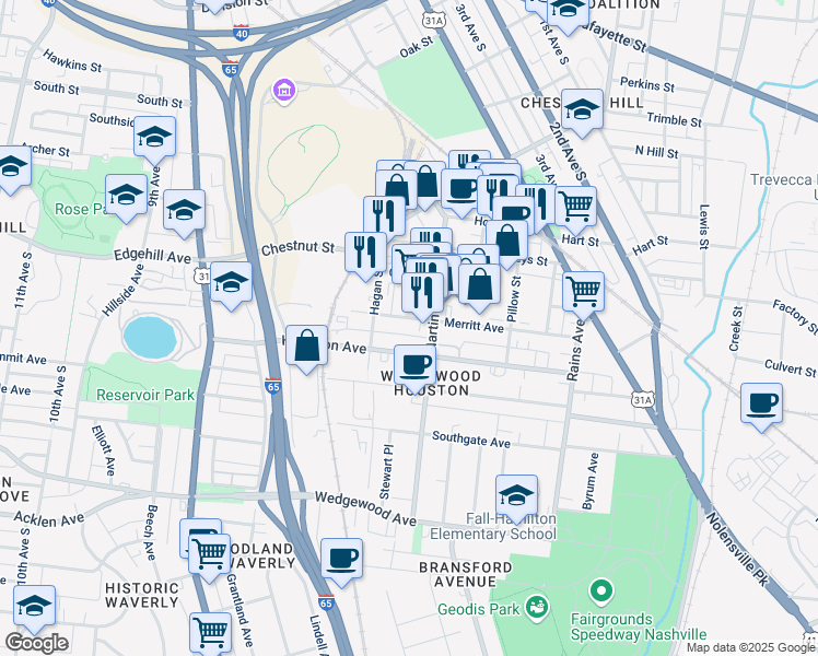 map of restaurants, bars, coffee shops, grocery stores, and more near 609 Merritt Avenue in Nashville