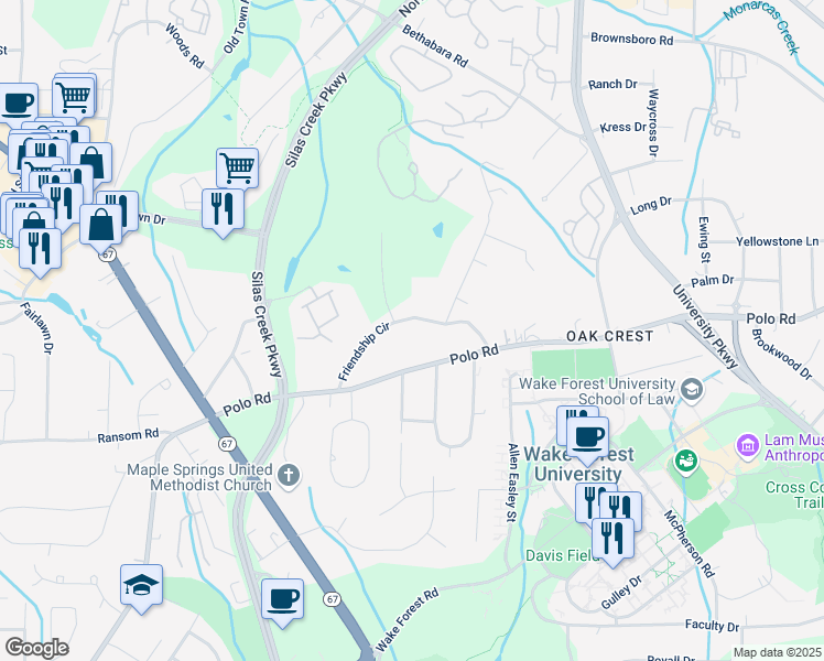 map of restaurants, bars, coffee shops, grocery stores, and more near 230 Friendship Circle in Winston-Salem