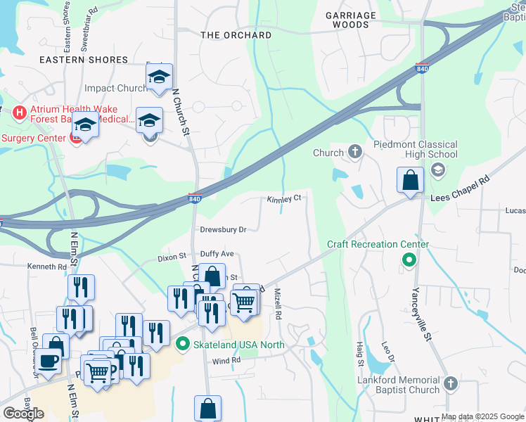 map of restaurants, bars, coffee shops, grocery stores, and more near 148 Drewsbury Drive in Greensboro