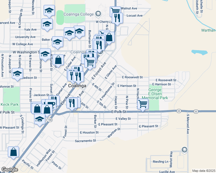 map of restaurants, bars, coffee shops, grocery stores, and more near 275 East Hawthorne Street in Coalinga