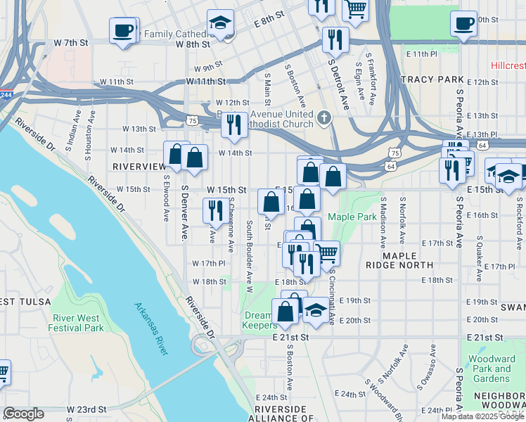 map of restaurants, bars, coffee shops, grocery stores, and more near 1602 South Main Street in Tulsa