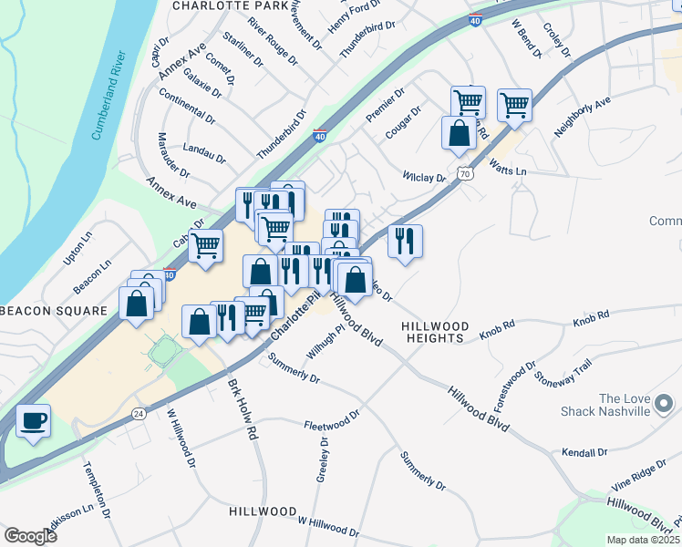 map of restaurants, bars, coffee shops, grocery stores, and more near 6505 U.S. 70 in Nashville