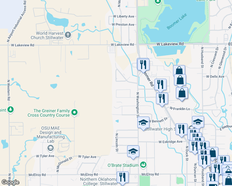 map of restaurants, bars, coffee shops, grocery stores, and more near North Lincoln Street in Stillwater