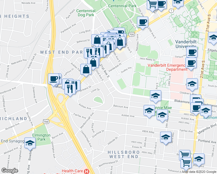 map of restaurants, bars, coffee shops, grocery stores, and more near 3106 Wellington Avenue in Nashville