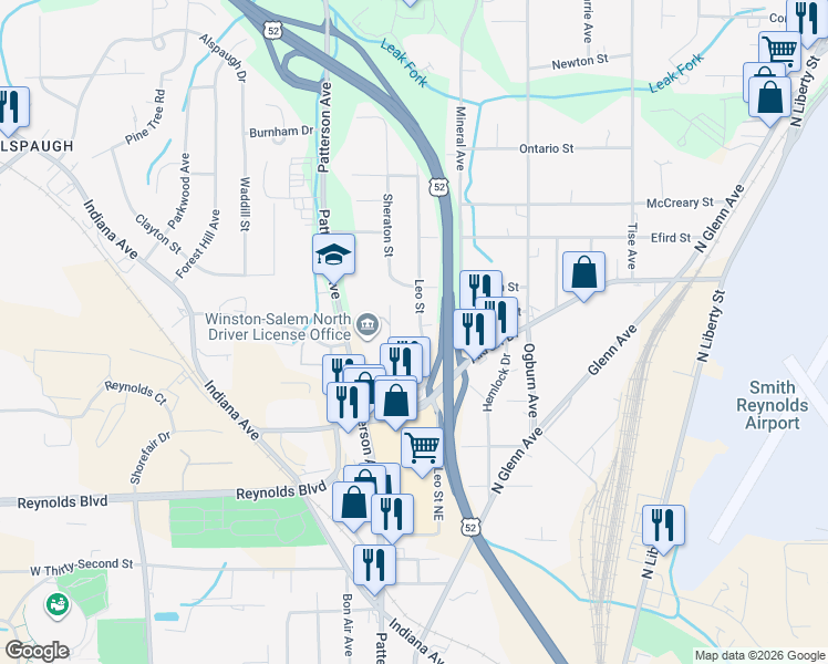 map of restaurants, bars, coffee shops, grocery stores, and more near 3876 Leo Street in Winston-Salem
