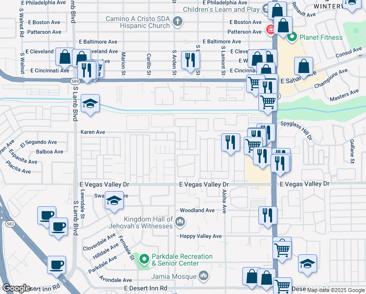 map of restaurants, bars, coffee shops, grocery stores, and more near 2755 Jennydiane Drive in Las Vegas