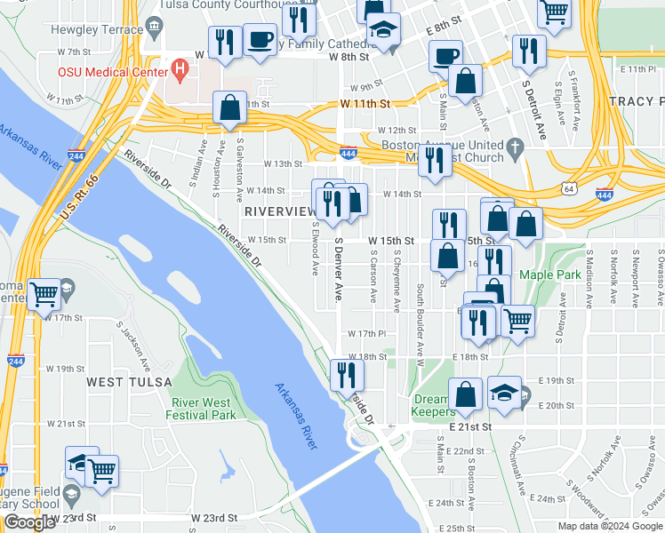 map of restaurants, bars, coffee shops, grocery stores, and more near 1604 South Denver Avenue in Tulsa