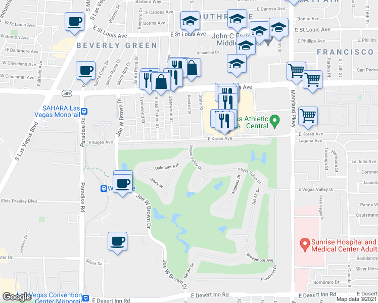 map of restaurants, bars, coffee shops, grocery stores, and more near 794 Oakmont Avenue in Las Vegas
