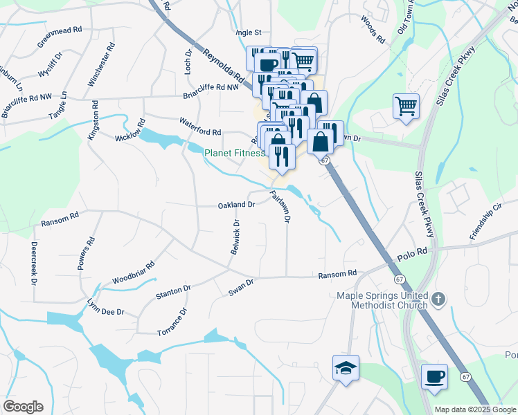 map of restaurants, bars, coffee shops, grocery stores, and more near 2710 Fairlawn Drive in Winston-Salem