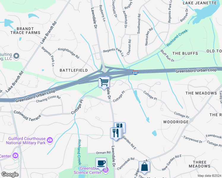 map of restaurants, bars, coffee shops, grocery stores, and more near 4610 Lawndale Drive in Greensboro