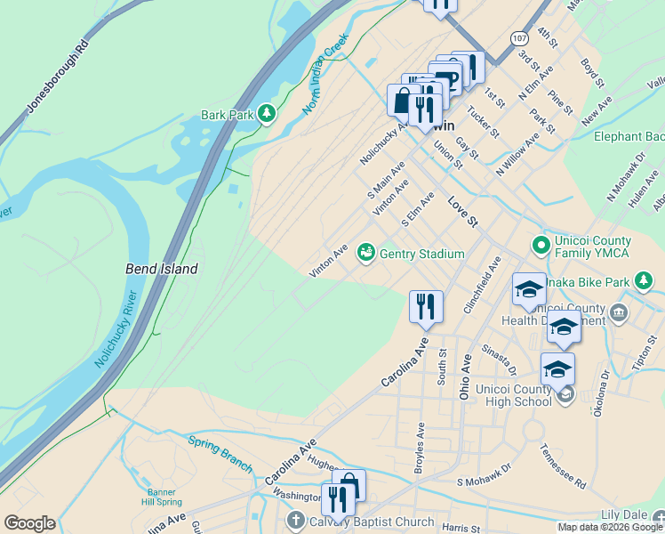 map of restaurants, bars, coffee shops, grocery stores, and more near 610 Vinton Avenue in Erwin