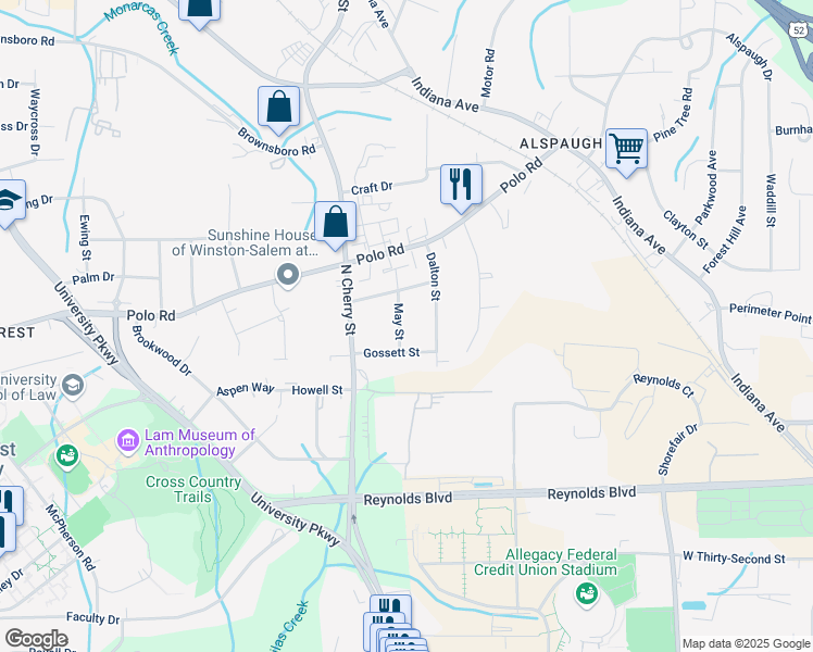 map of restaurants, bars, coffee shops, grocery stores, and more near 4007 May Street in Winston-Salem