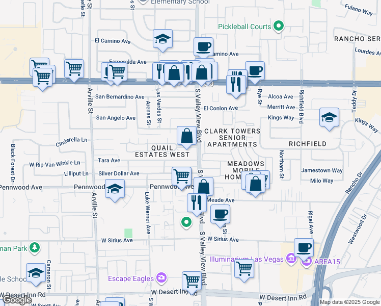 map of restaurants, bars, coffee shops, grocery stores, and more near 2881 South Valley View Boulevard in Las Vegas