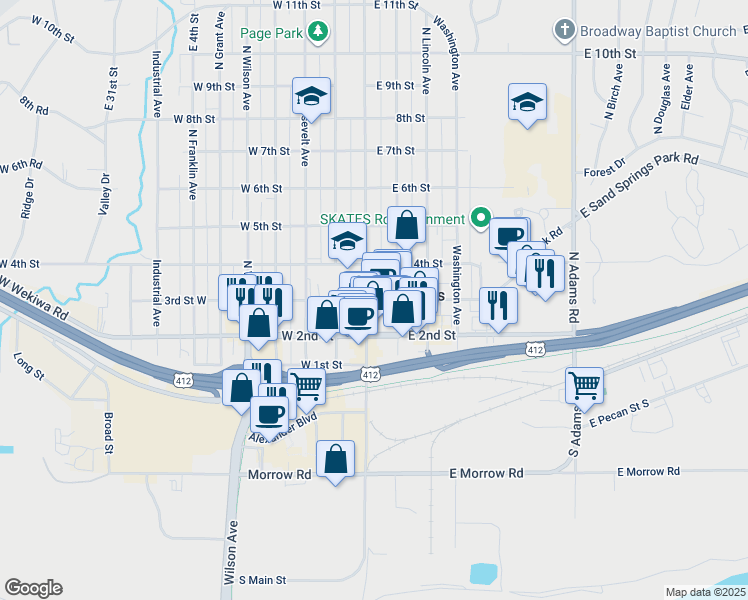 map of restaurants, bars, coffee shops, grocery stores, and more near 6 East Broadway Street in Sand Springs