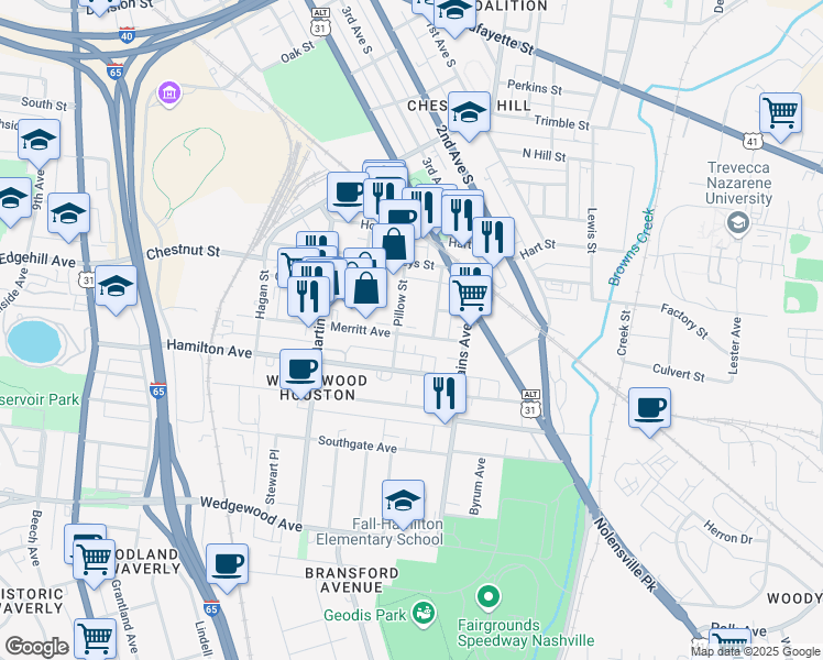 map of restaurants, bars, coffee shops, grocery stores, and more near 432 Merritt Avenue in Nashville