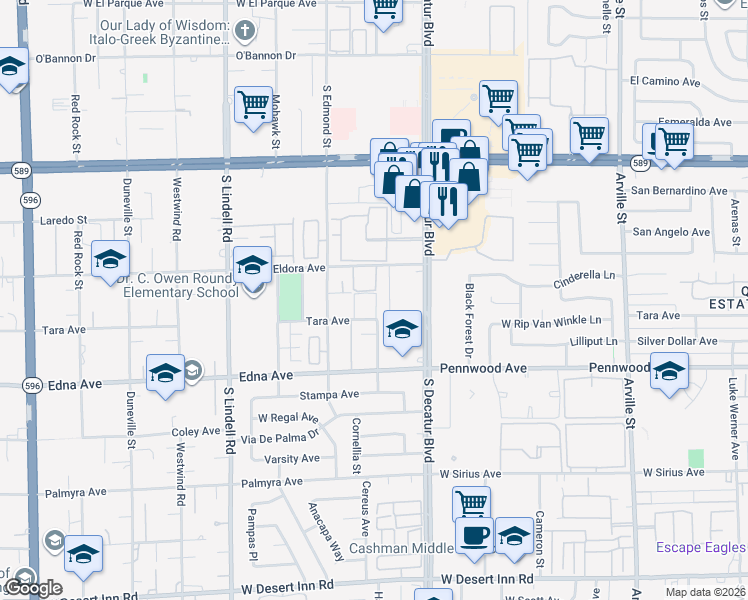 map of restaurants, bars, coffee shops, grocery stores, and more near 5070 Tara Avenue in Las Vegas