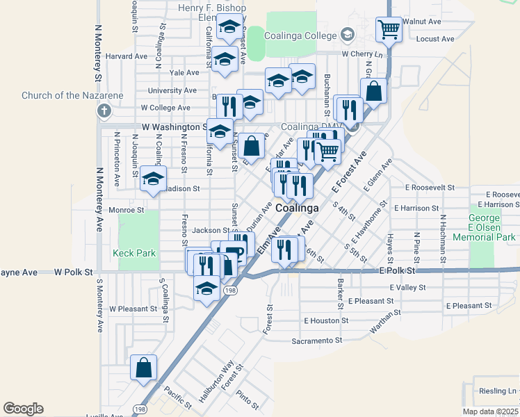 map of restaurants, bars, coffee shops, grocery stores, and more near 190 West Durian Avenue in Coalinga