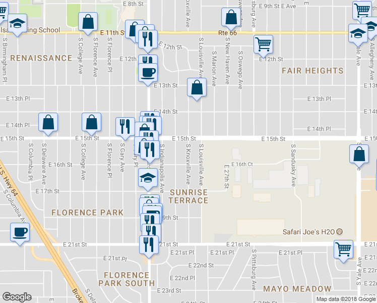 map of restaurants, bars, coffee shops, grocery stores, and more near 1526 South Knoxville Avenue in Tulsa