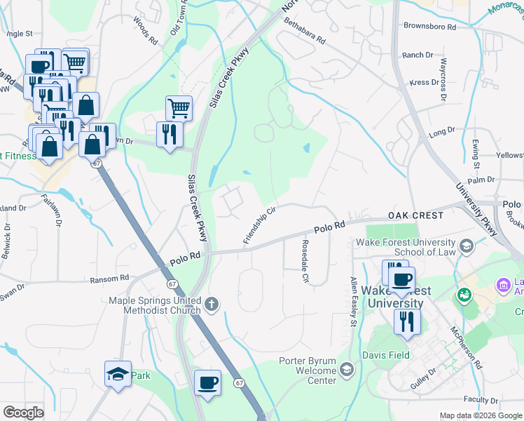 map of restaurants, bars, coffee shops, grocery stores, and more near 321 Friendship Circle in Winston-Salem