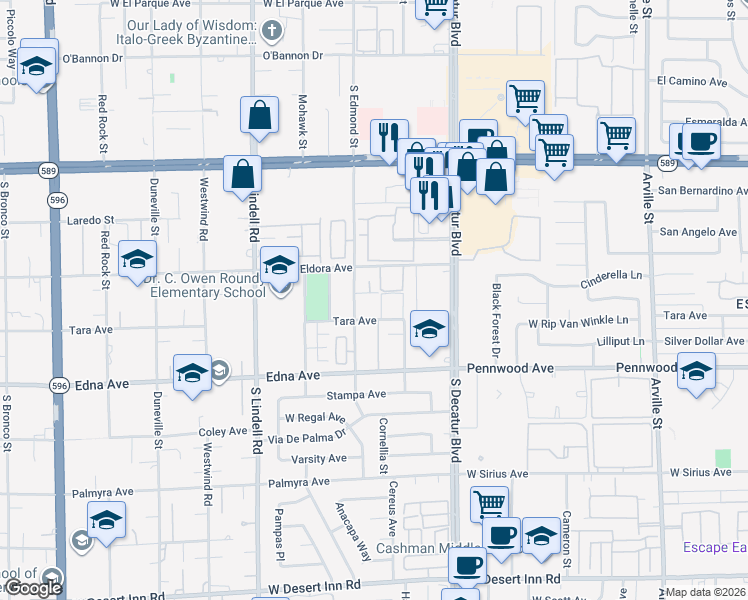 map of restaurants, bars, coffee shops, grocery stores, and more near South Edmond Street in Las Vegas