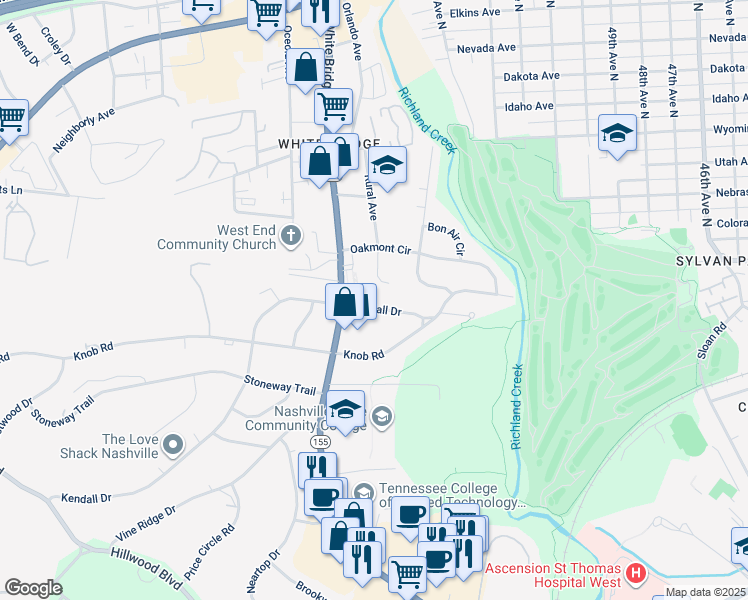 map of restaurants, bars, coffee shops, grocery stores, and more near 5544 Kendall Dr in Nashville