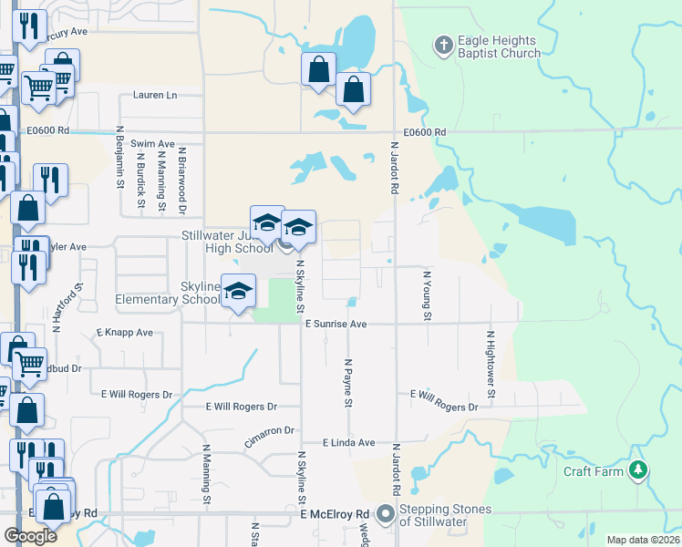 map of restaurants, bars, coffee shops, grocery stores, and more near East Moore Avenue in Stillwater