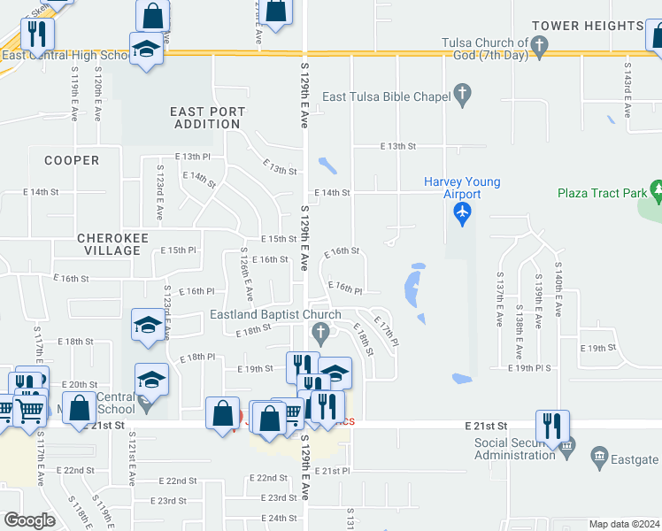 map of restaurants, bars, coffee shops, grocery stores, and more near 13042 East 16th Street in Tulsa