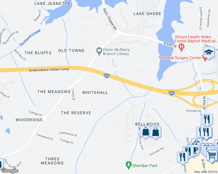 map of restaurants, bars, coffee shops, grocery stores, and more near 55 Mansfield Circle in Greensboro