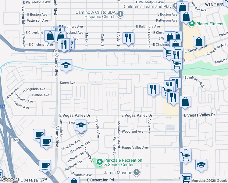 map of restaurants, bars, coffee shops, grocery stores, and more near 2763 Sidewinder Lane in Las Vegas