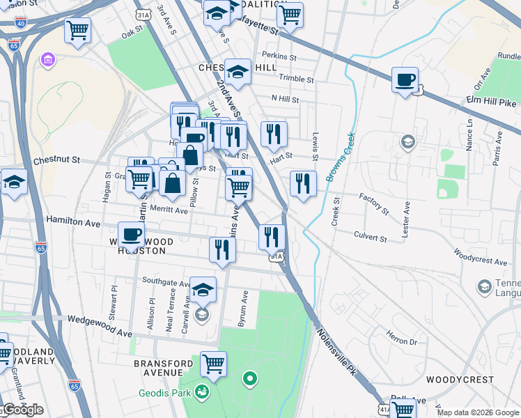 map of restaurants, bars, coffee shops, grocery stores, and more near 1411 4th Avenue South in Nashville