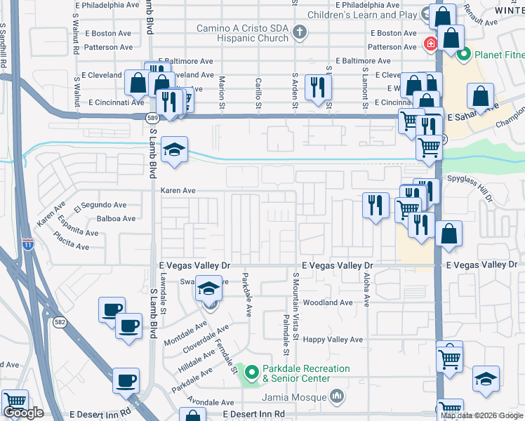 map of restaurants, bars, coffee shops, grocery stores, and more near 2755 Twistingbow Lane in Las Vegas