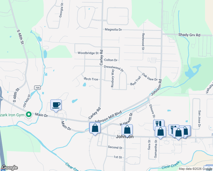 map of restaurants, bars, coffee shops, grocery stores, and more near 4607 Carley Road in Springdale