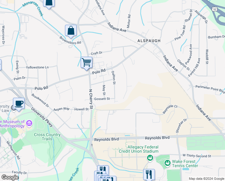 map of restaurants, bars, coffee shops, grocery stores, and more near 4016 Dalton Street in Winston-Salem