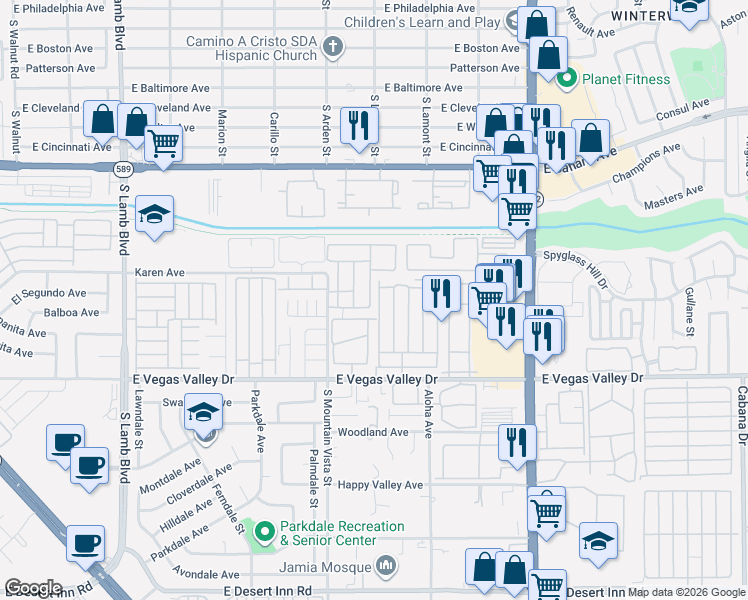 map of restaurants, bars, coffee shops, grocery stores, and more near 4670 Amberleigh Lane in Las Vegas
