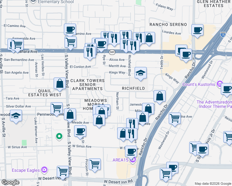 map of restaurants, bars, coffee shops, grocery stores, and more near 2705 Northam Street in Las Vegas