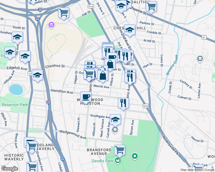 map of restaurants, bars, coffee shops, grocery stores, and more near 509 Merritt Avenue in Nashville