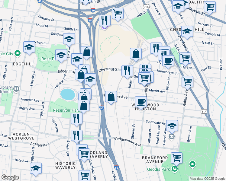 map of restaurants, bars, coffee shops, grocery stores, and more near 1300 Fort Negley Blvd in Nashville